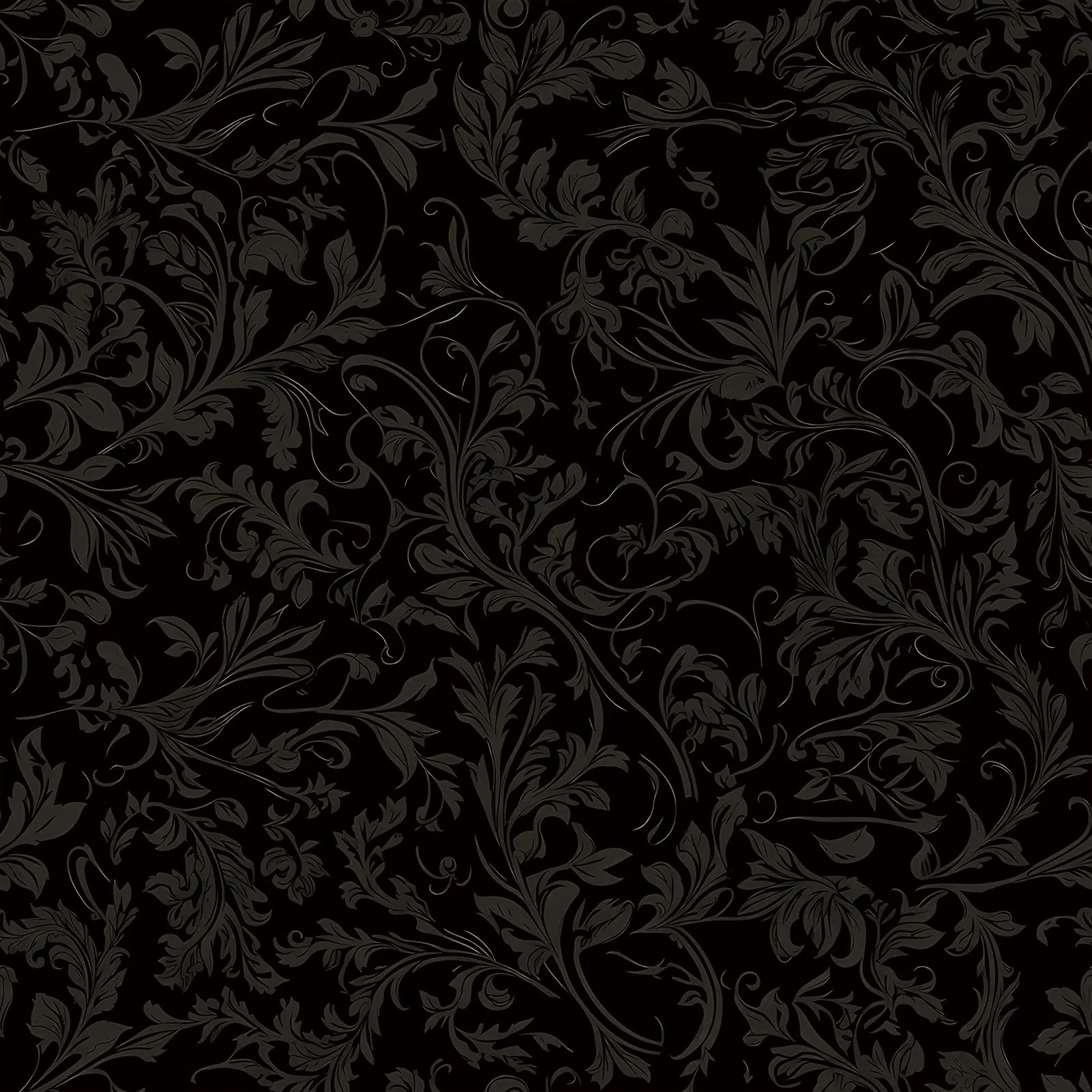 Curling acanthus leaves and stems tile seamlessly in a grey barely brighter than the black behind them, printed like a vintage gothic wallcovering.
