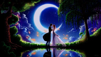 Dancing Couple by a Crescent Moon Lake HD Wallpaper