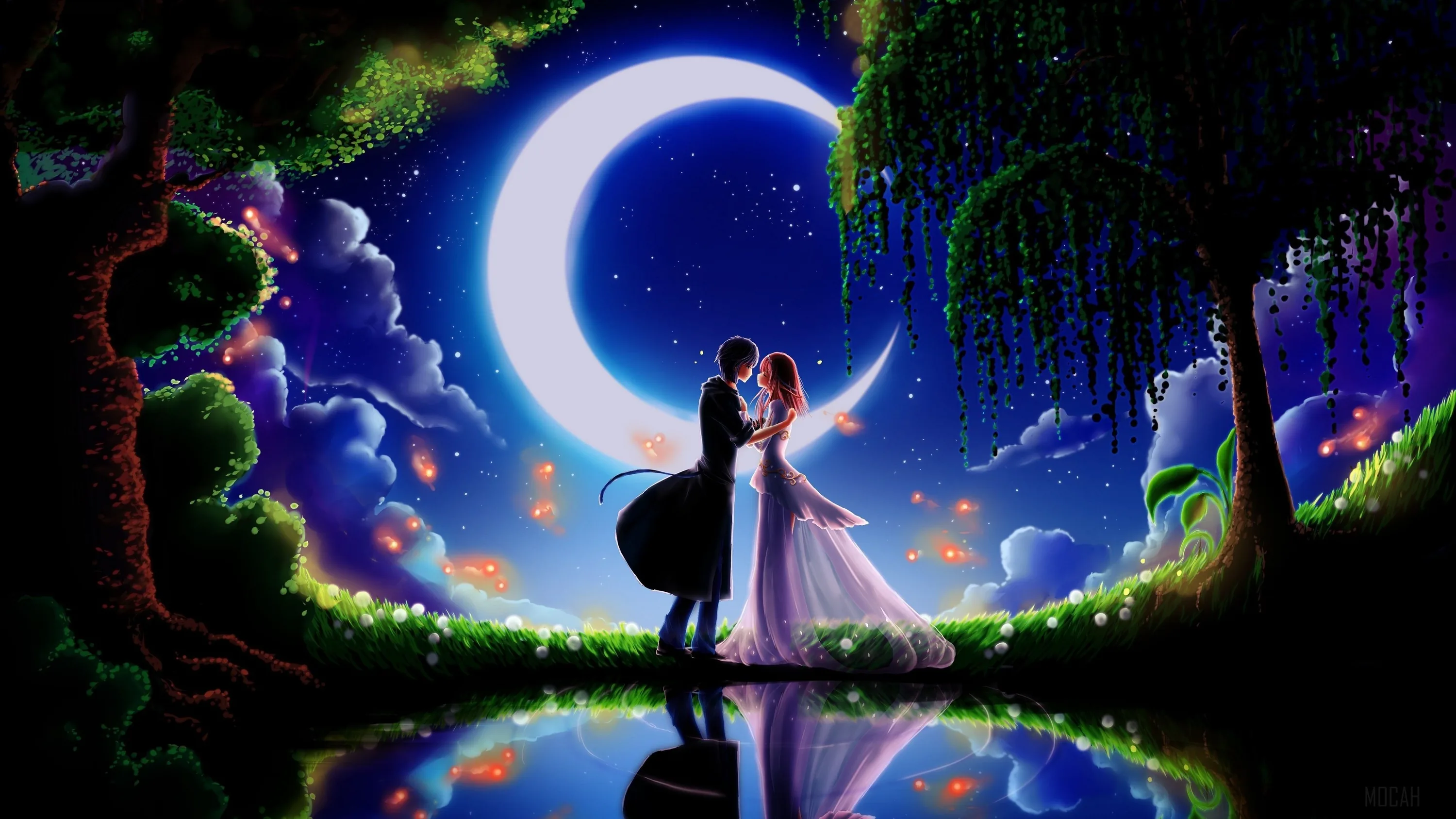 A painted scene of two people dancing at the water's edge under a large crescent moon, willow branches and glowing blossoms framing their reflection in the still lake.