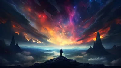 Colourful Nebula Sky Over a Cliff HD Wallpaper