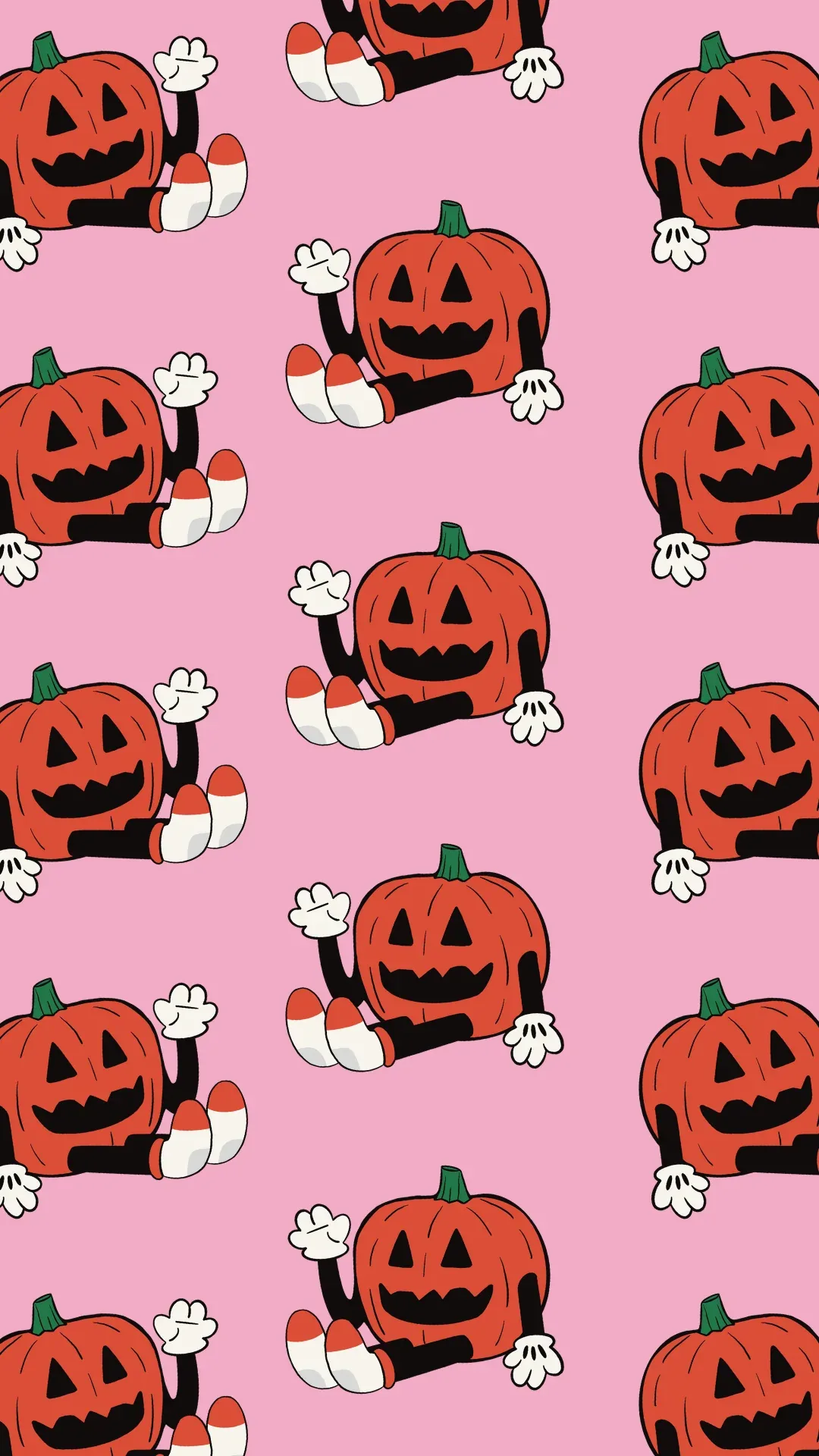 A jack-o-lantern with rubber-hose white gloves repeats in offset rows on bubblegum pink, the thick outlines giving it a vintage comic-strip look on a phone screen.