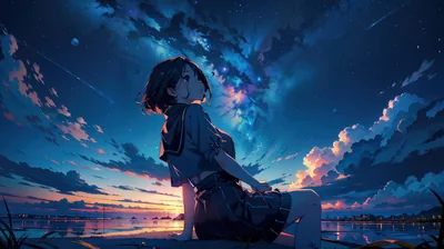 Short-Haired Girl by a Twilight Lake HD Wallpaper