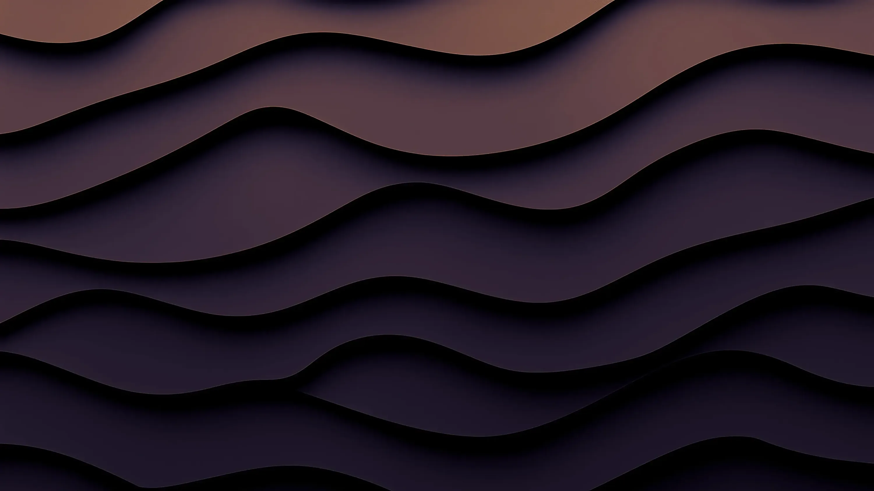 Cut-paper waves ripple across the frame in plum and rust, each layer casting a soft shadow on the one below it.