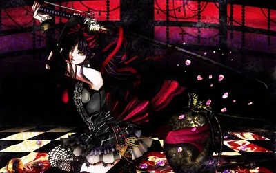 Gothic Anime Girl in Red with a Katana HD Wallpaper