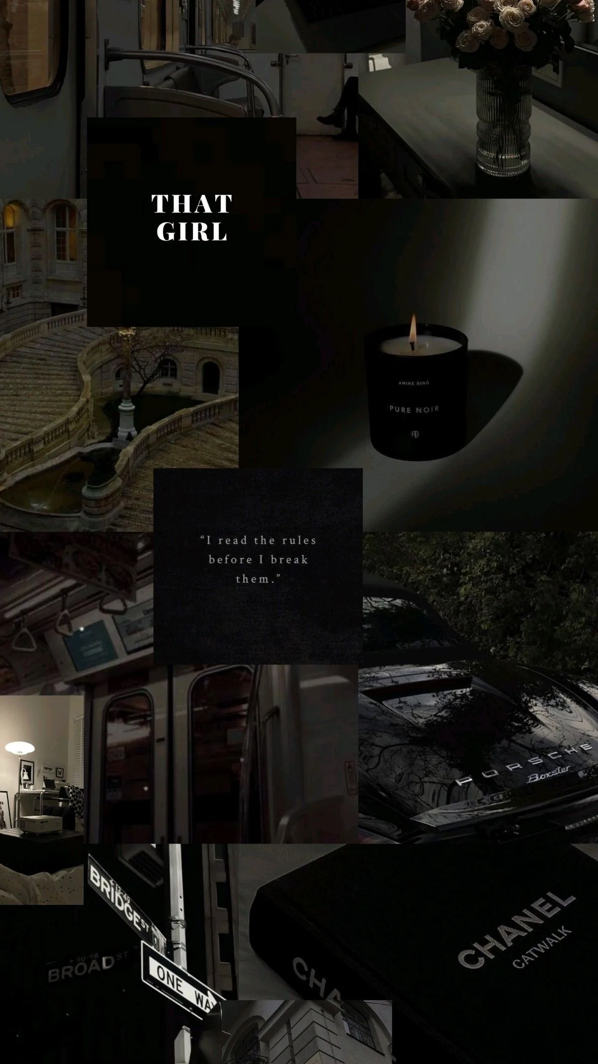 Photos of a black candle, flowers and designer shopping bags tile together in near-black tones, the caption that girl set in white serif near the top.