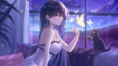 Purple Eyes Anime Girl With White Dress Sitting Near Black 4K HD Anime Girl Wallpapers