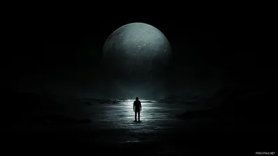 Figure Before a Giant Moon HD Wallpaper