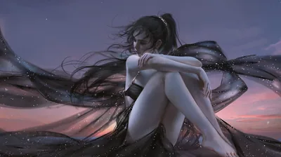 Anime Girl Sitting Under a Twilight Sky HD Wallpaper