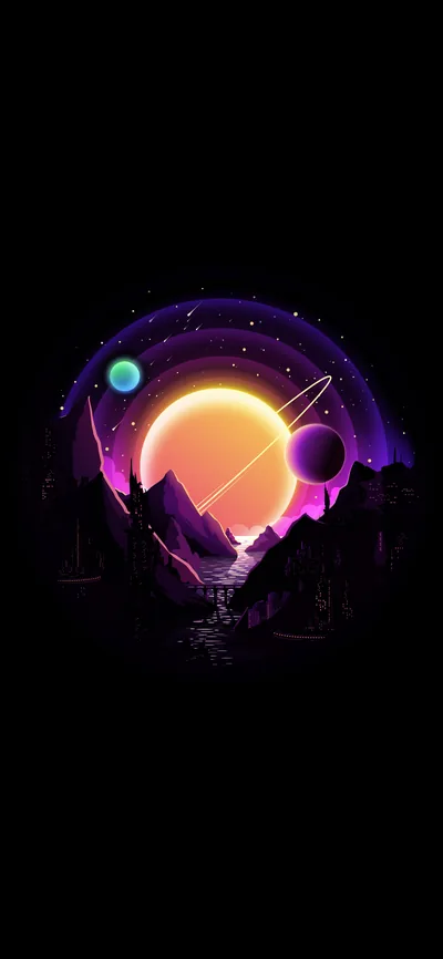 Neon Retro Sun and Planets Circle HD Phone Wallpaper
