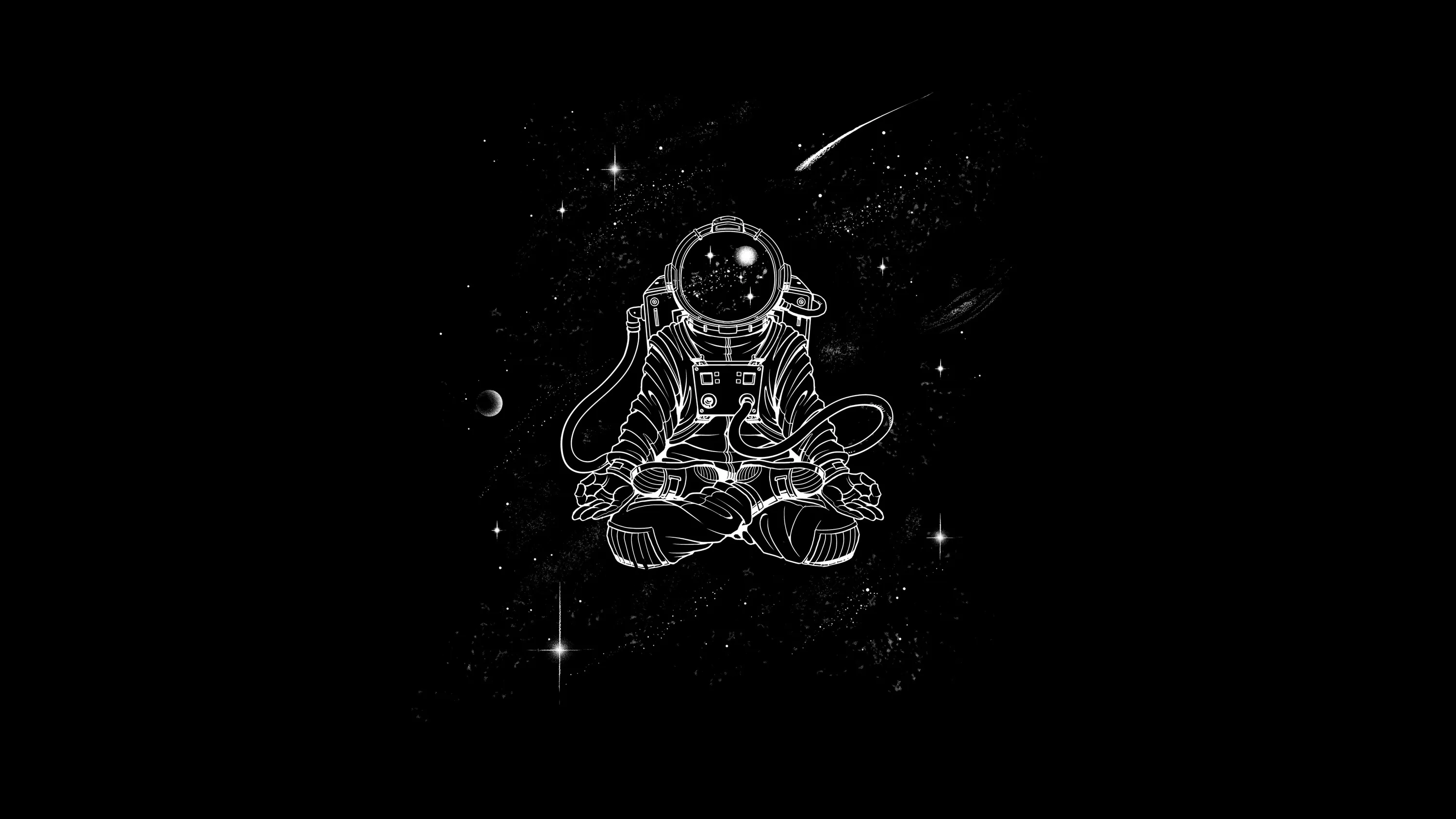 An astronaut sits cross-legged in white linework, surrounded by scattered stars and one falling streak in the top right corner.