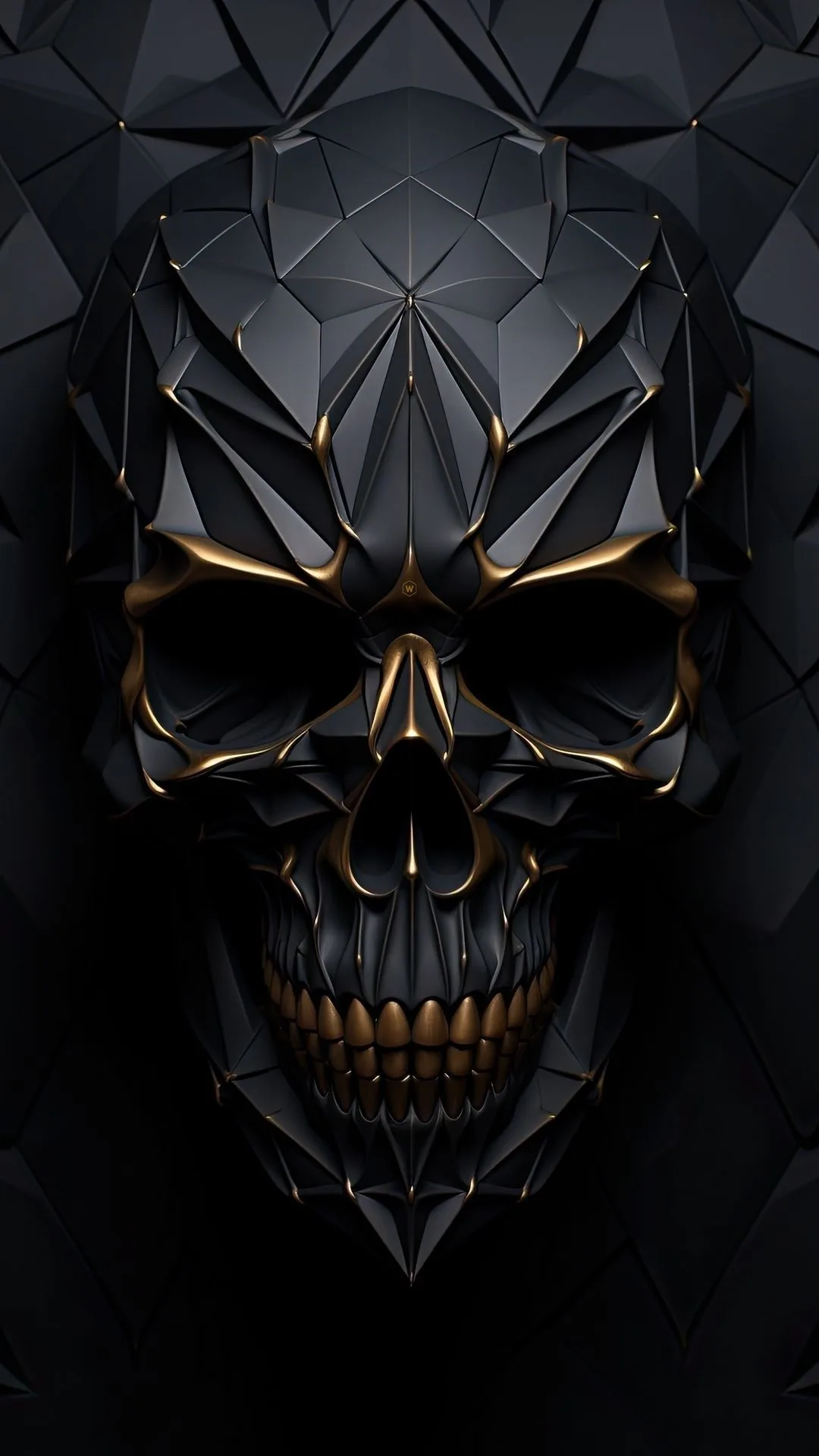 A skull built from sharp black facets fills a tall phone frame, thin gold lines running along the cheekbones and teeth where the panels meet.