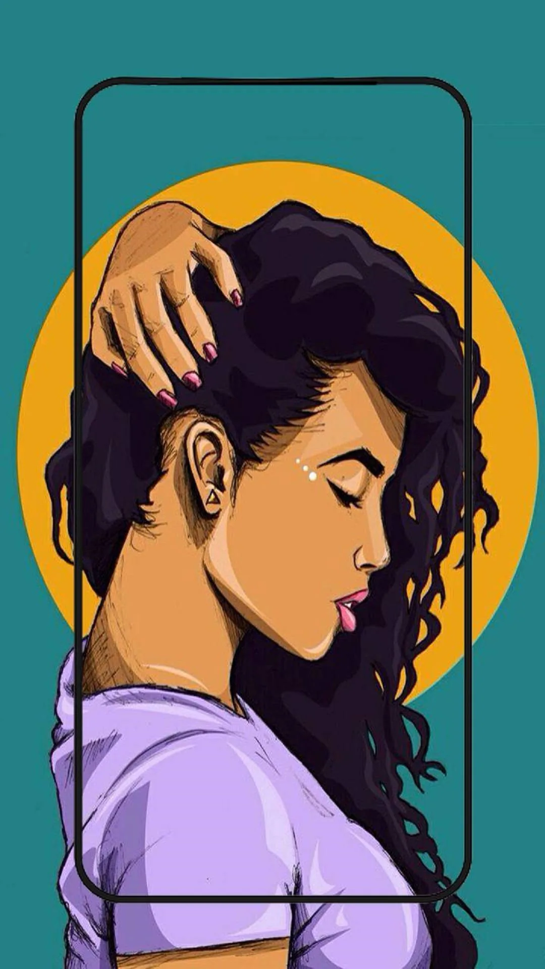 Vector girl in a purple tee runs a hand through her curls inside a thin phone-shaped outline, a mustard circle glowing on the teal behind her.