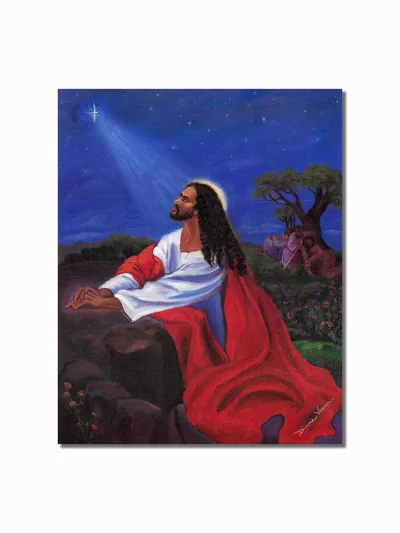African American Black Jesus Praying at Gethsemane Rock Wall Picture Art Print