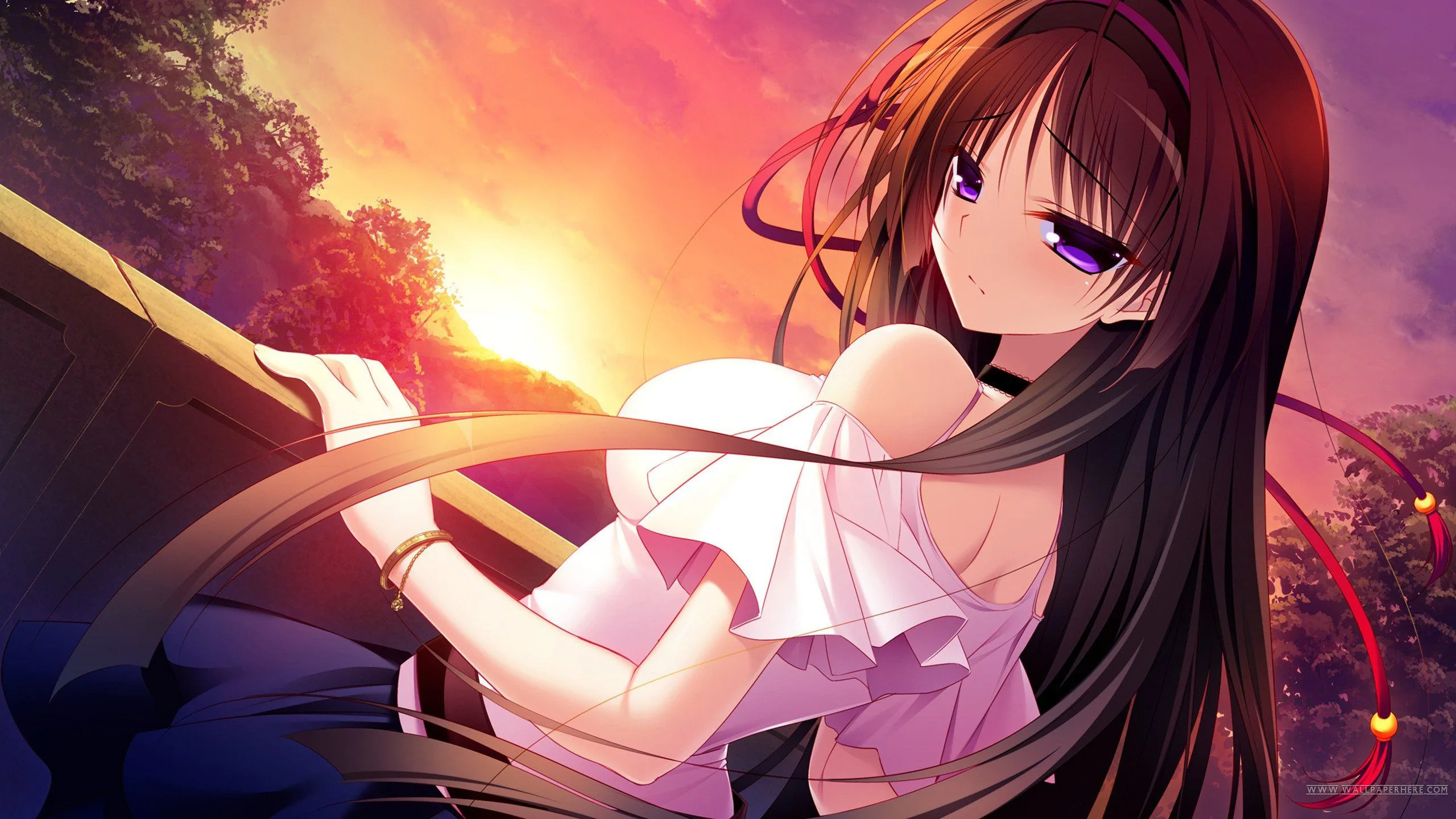 Purple Eyes Black Hair Kawaii Anime Girl Colorful Sky Background HD Kawaii Wallpapers