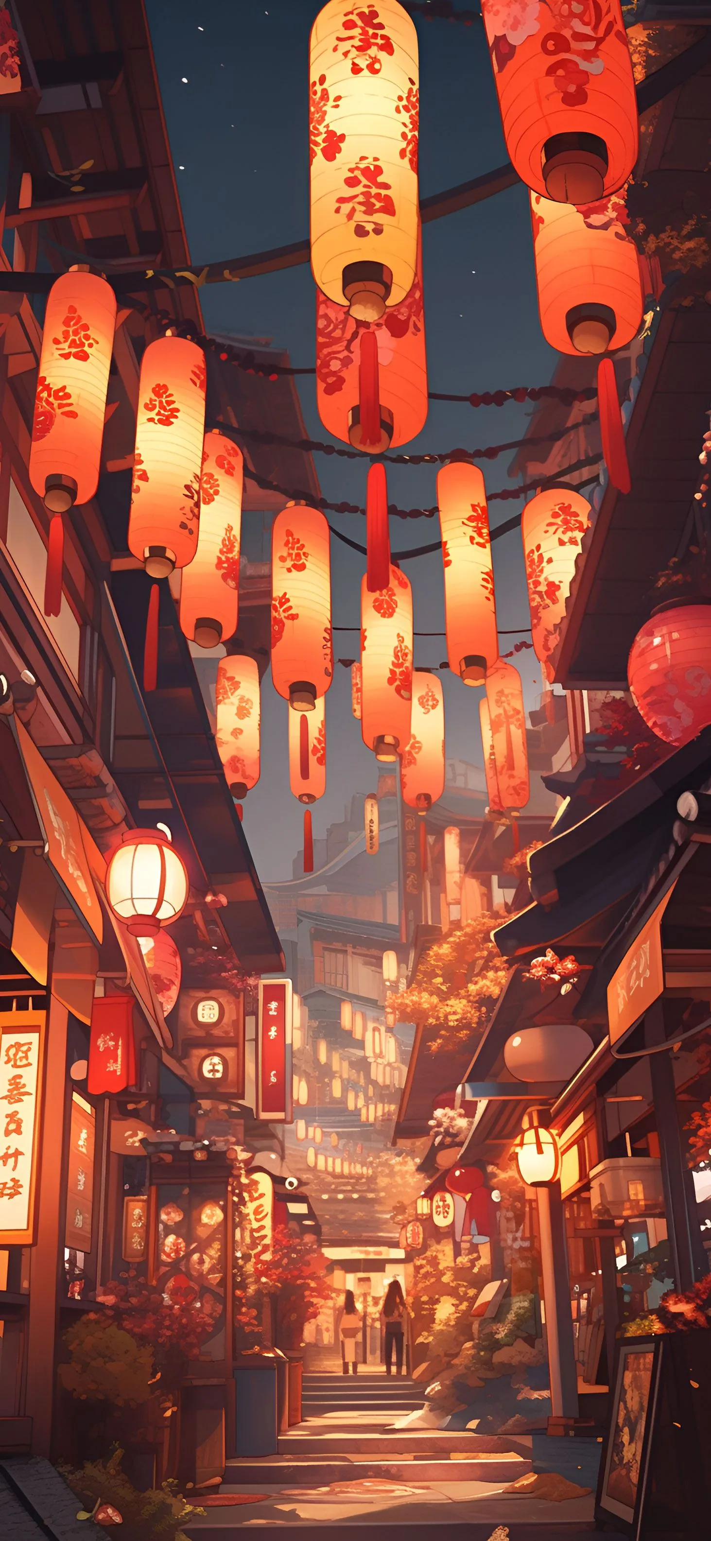 Rows of warm paper lanterns hang on strings above a narrow shopping street at dusk, two small figures far down the walkway near the centre.