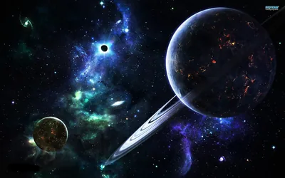 Green Nebula Behind a Ringed Planet HD Wallpaper