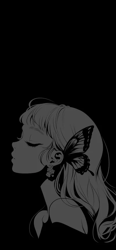 A grey silhouette of a girl in profile, a butterfly resting where her hair meets her cheek.