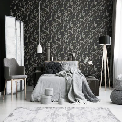 Bedroom with Dark Floral Mural HD Wallpaper