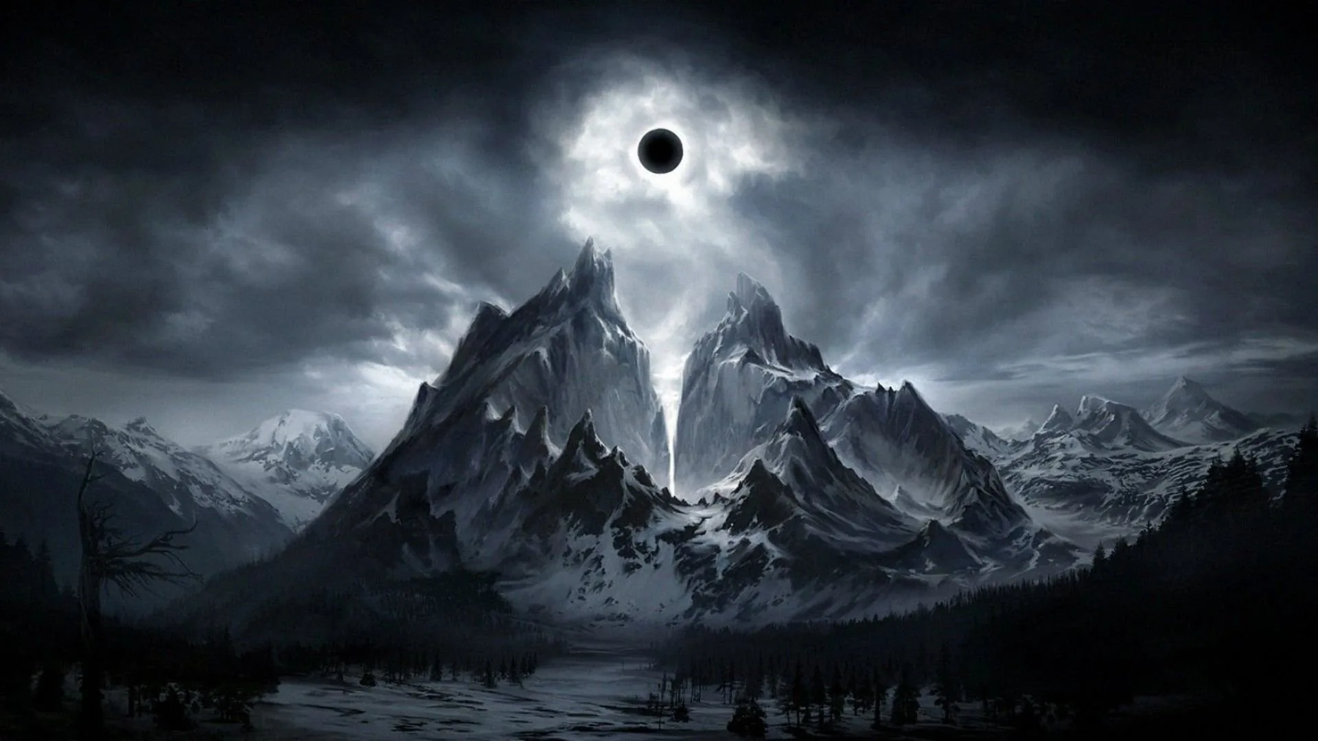 A black sun ringed in white hangs above a range of sharp snowy peaks, storm cloud filling the sky and a frozen lake below.