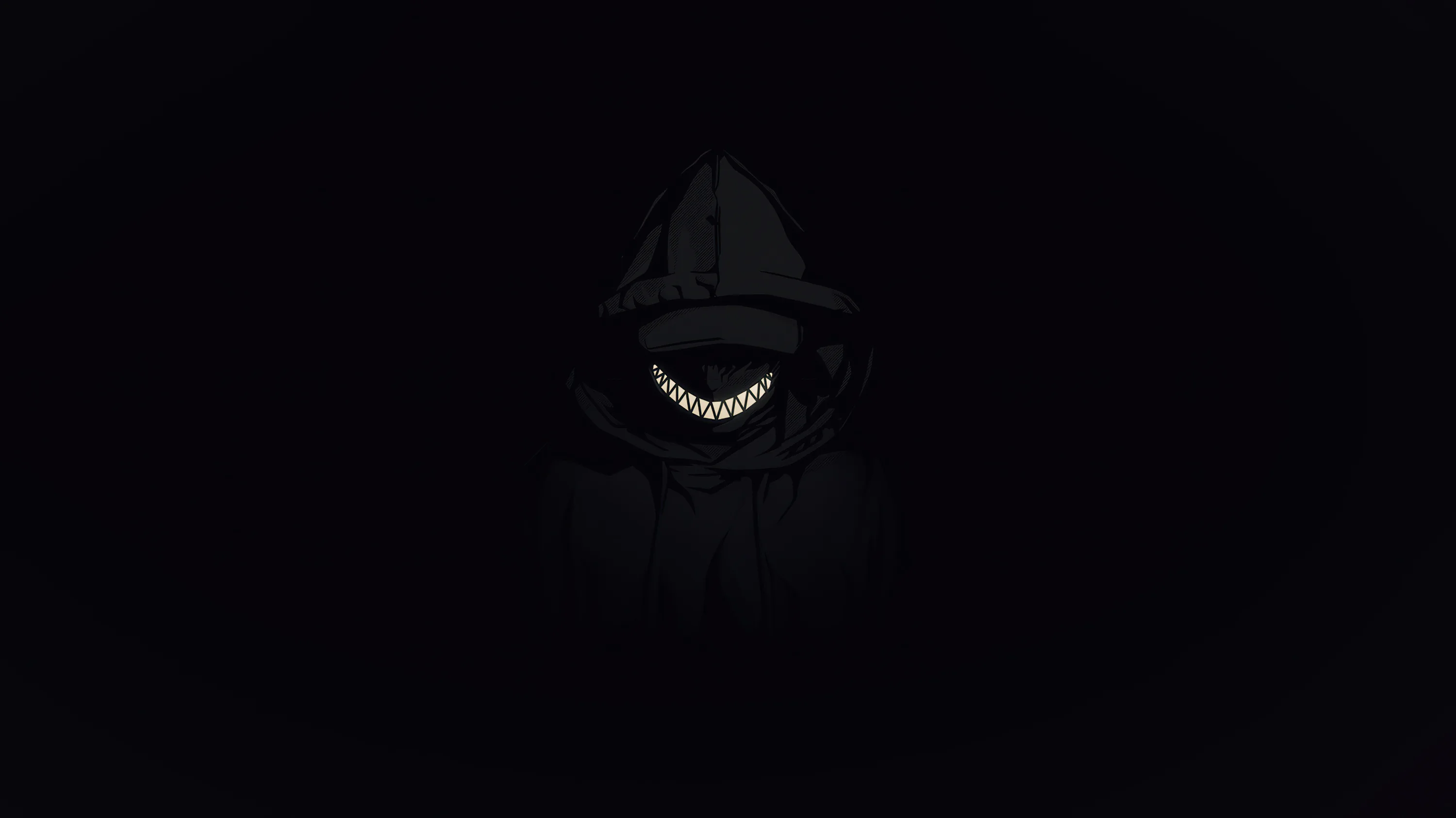 Only a jagged white smile and the faint outline of a hood surface from an almost fully black frame, leaving the sides empty.