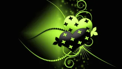 Green Heart with Butterflies on Black HD Wallpaper