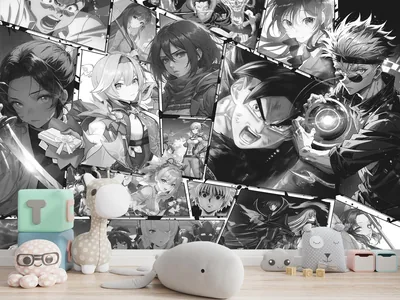 Anime Collage Wallpaper Mural Black & White Peel and Stick