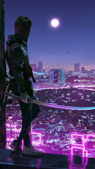 Swordsman over a Purple Neon City HD Phone Wallpaper