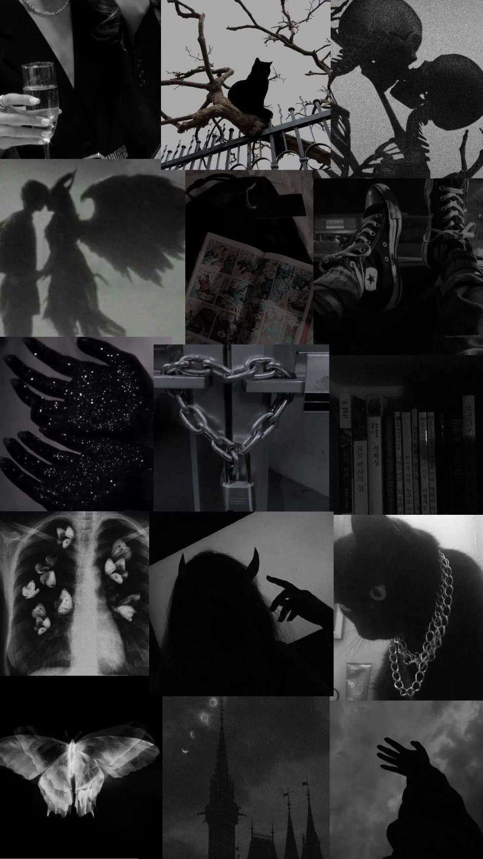 A seated skeleton reading, crows on bare branches, ringed hands, black cats and a wide moth arranged in dim greys, an X-ray of a bird lit brightest in the lower half.