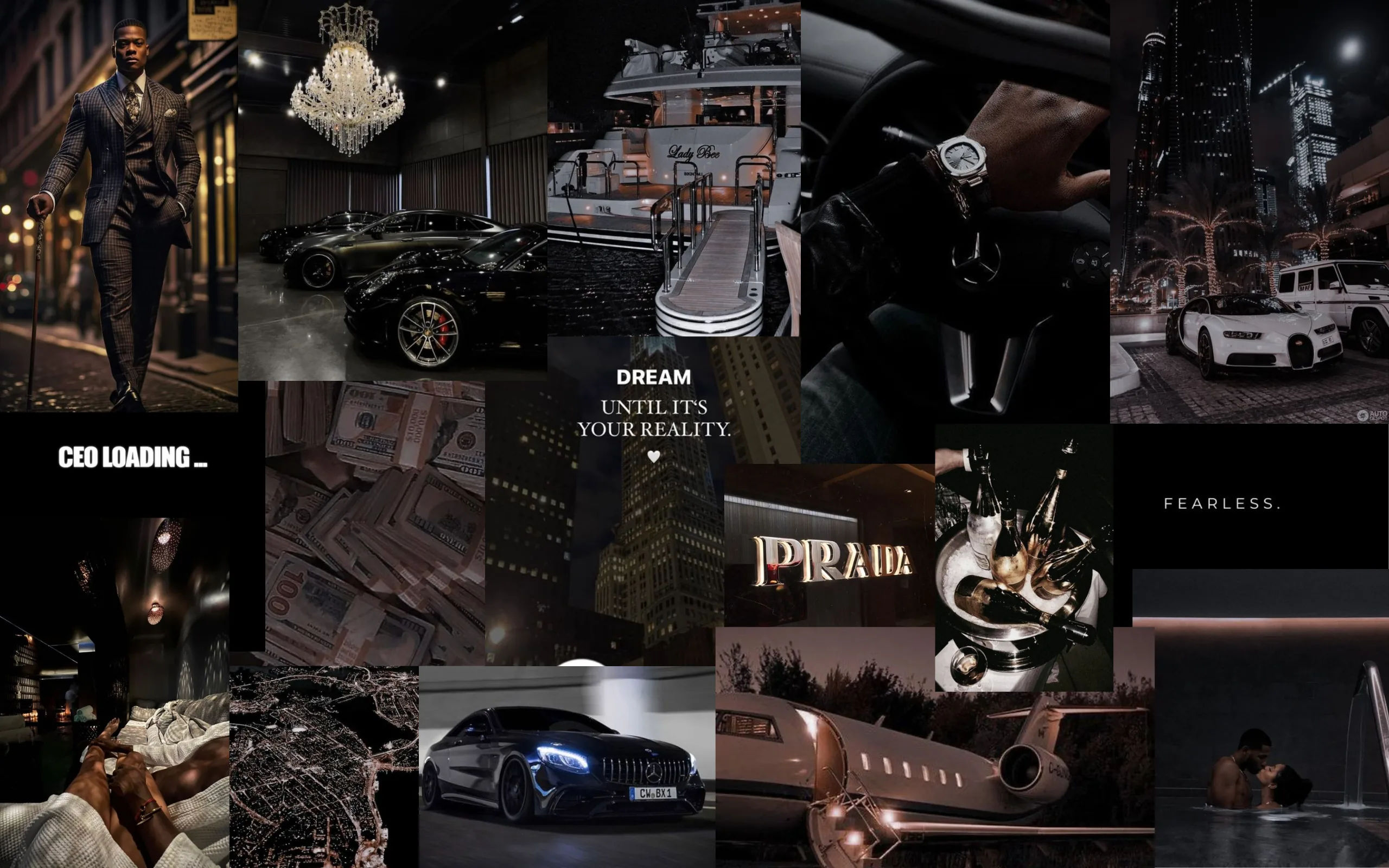 Tiles of watches, chandeliers, jets and blacked-out cars sit between captions like Dream Until It's Your Reality, all graded in near-black tones.