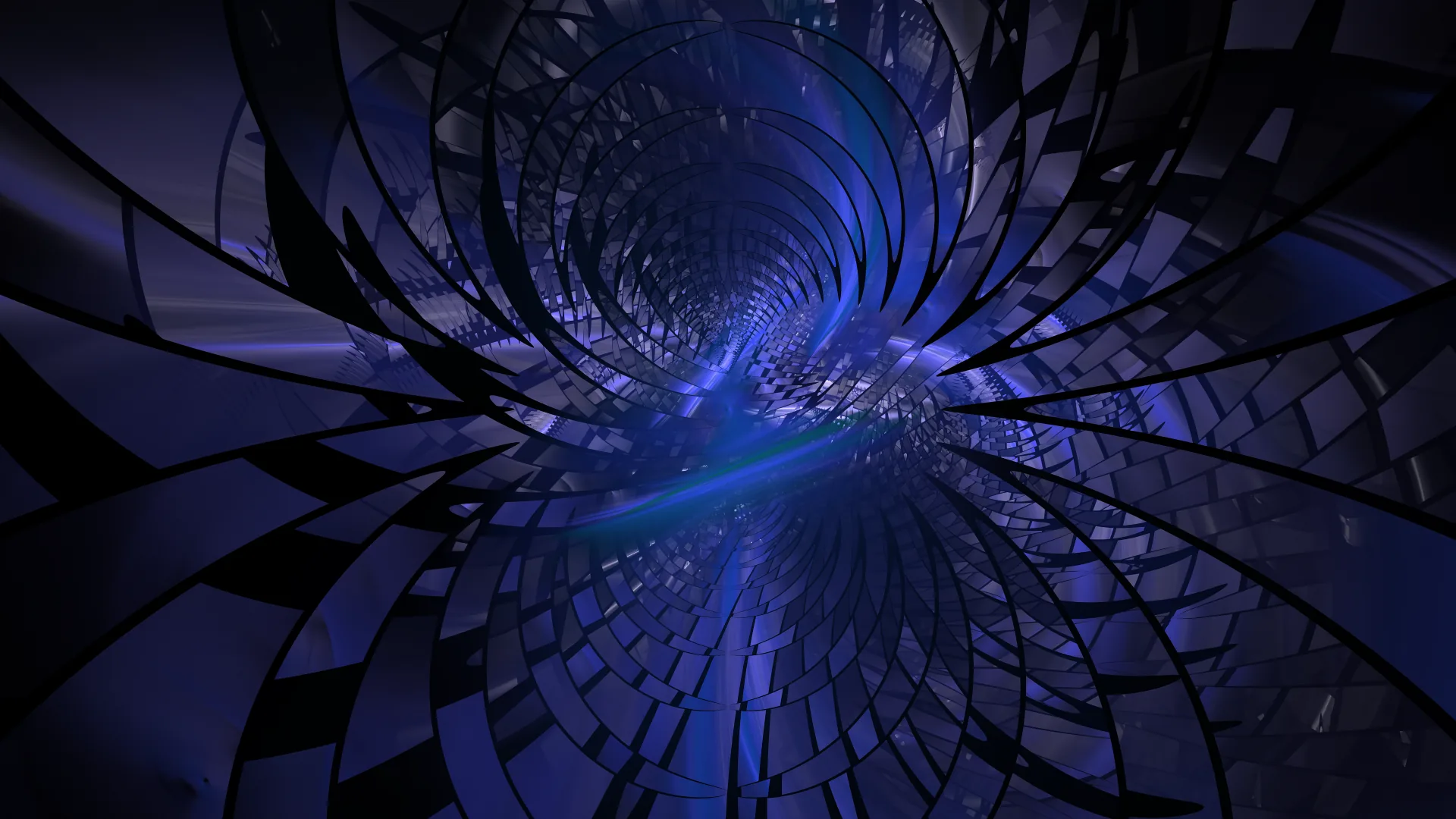 A spiral of mirrored tiles funnels toward a bright core, indigo and violet reflections tightening as they reach the centre.