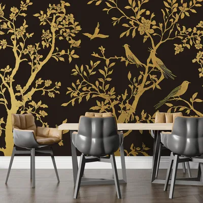 Dark Gold Chinoiserie Wallpaper Peel and Stick, Oriental Wallpaper