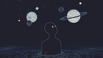 Figure Watching Planets from Water HD Wallpaper