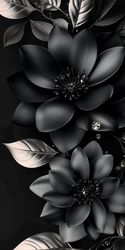 Black 3D Flowers with Silver Leaves HD Phone Wallpaper