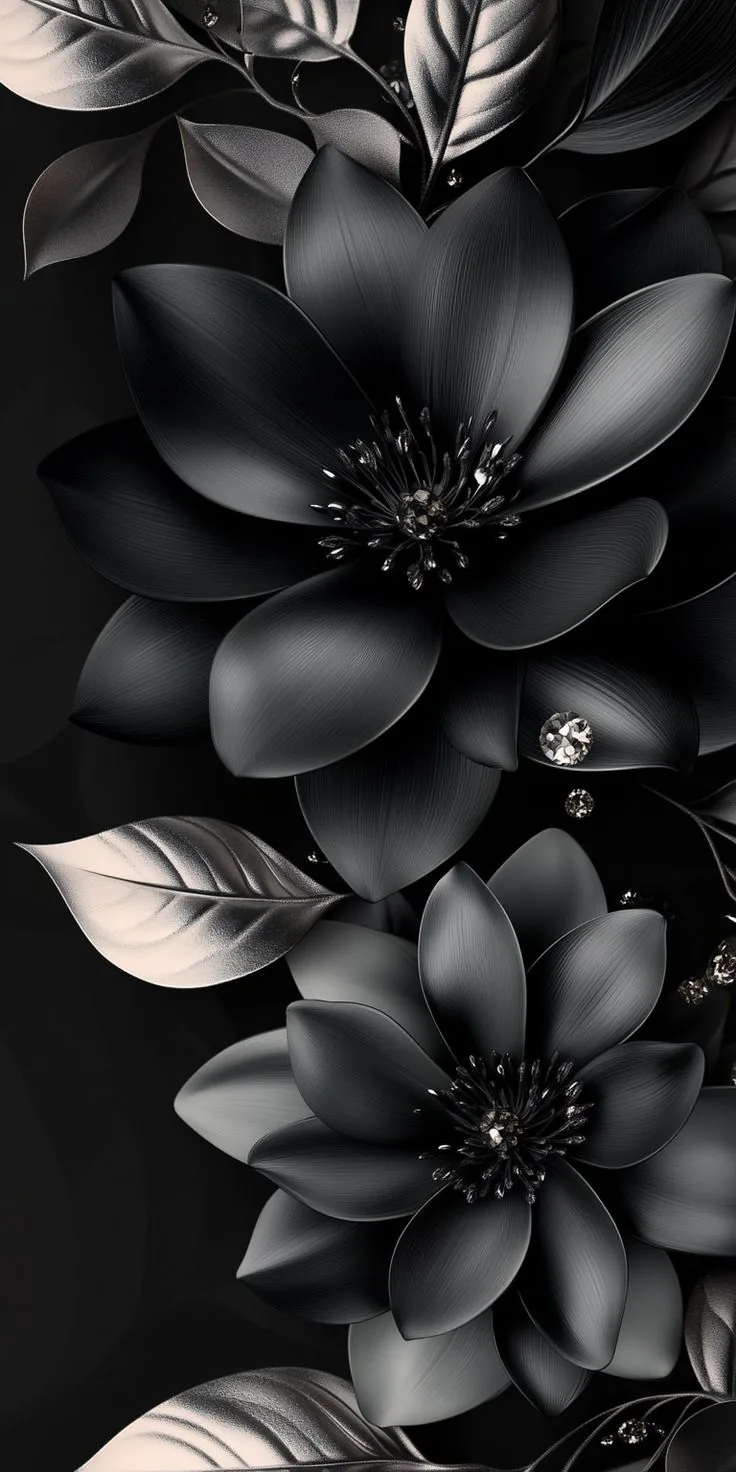 Glossy black blooms with jewelled centres stack down a tall frame, pale metallic leaves curling out between them and catching a soft side light.