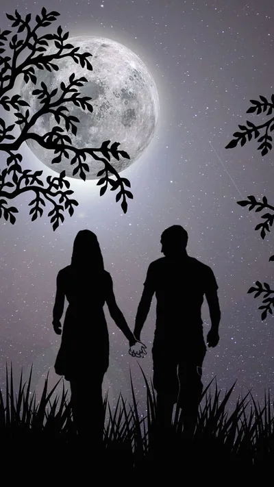 Couple Holding Hands Under a Full Moon HD Phone Wallpaper