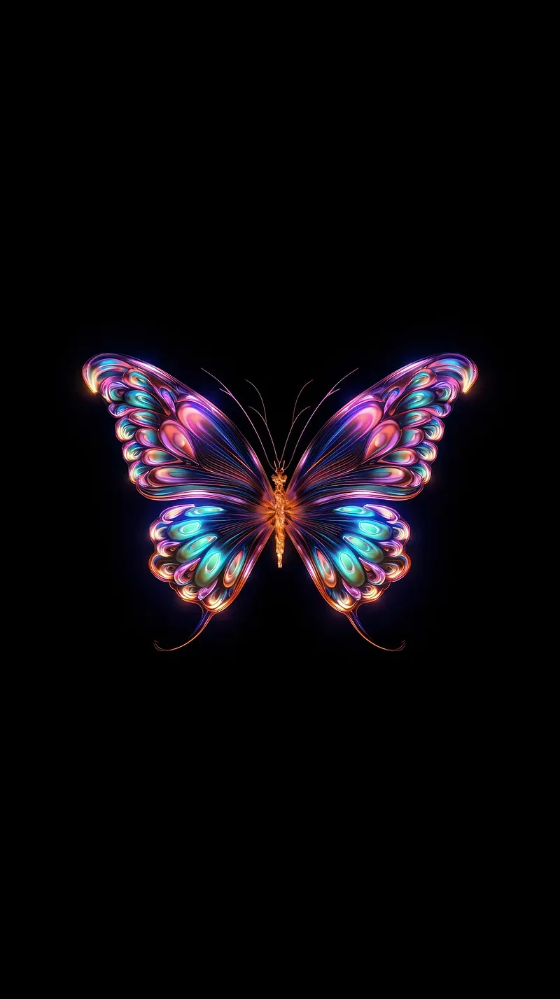 A glowing butterfly with pink and teal stained-glass wings sits centred on true black, the whole lower third left empty for app icons on OLED phones.