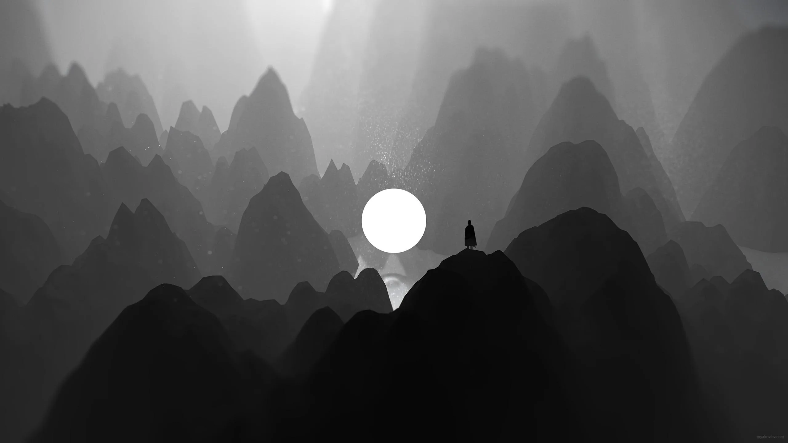 A tiny silhouette stands on a peak with a white sun behind, layered ink-wash mountains fading back into grey haze.