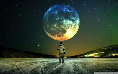 Figure on Ice Under a Giant Moon HD Wallpaper