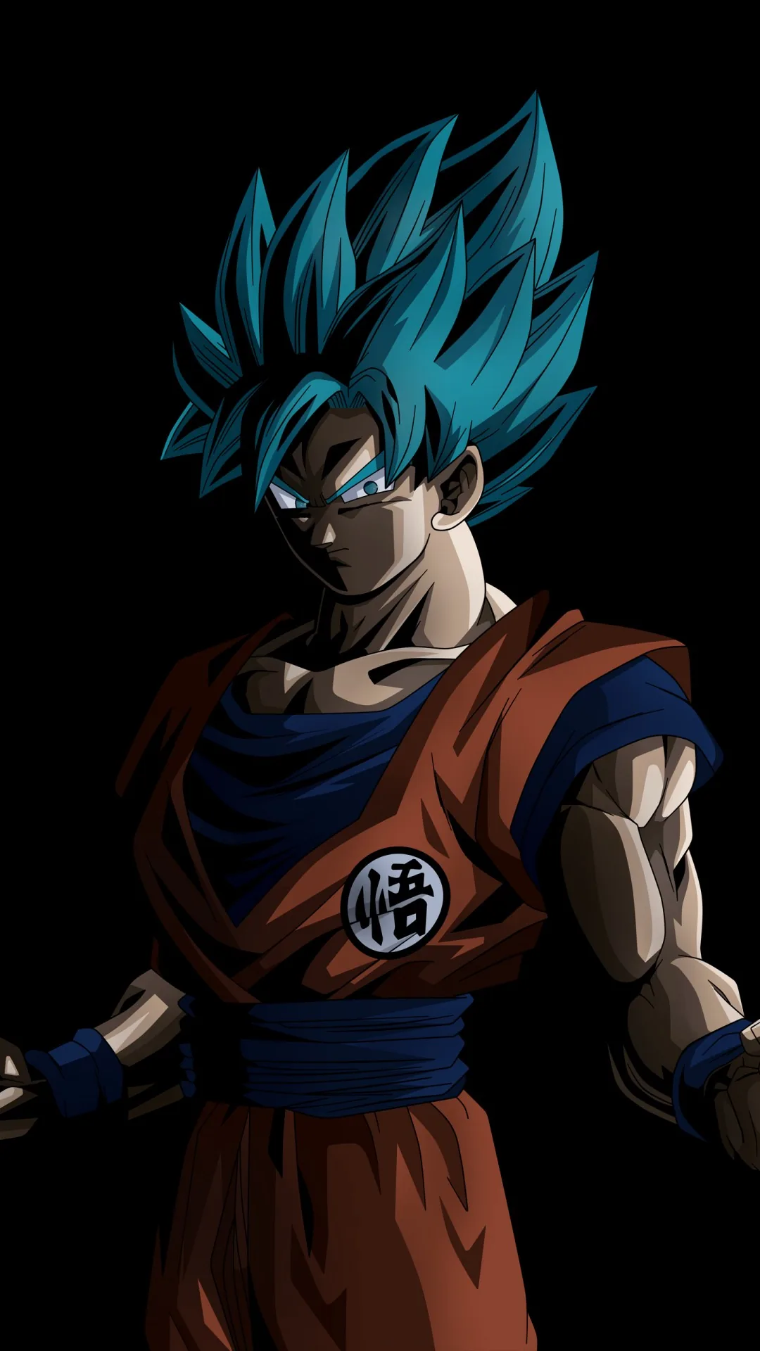 Arms loose at his sides in the orange gi, blue hair and matching aura against pure black in a tall phone crop with space above the head.