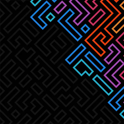 A dark labyrinth pattern fills the square, with one corner picked out in blue, purple and orange lines that fade back into black.