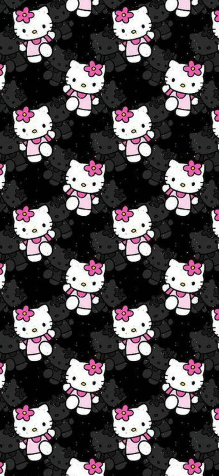 A white cartoon kitten in a pink pinafore repeats in offset rows over black blossom shapes, the pink hair bow the brightest mark in each tile.