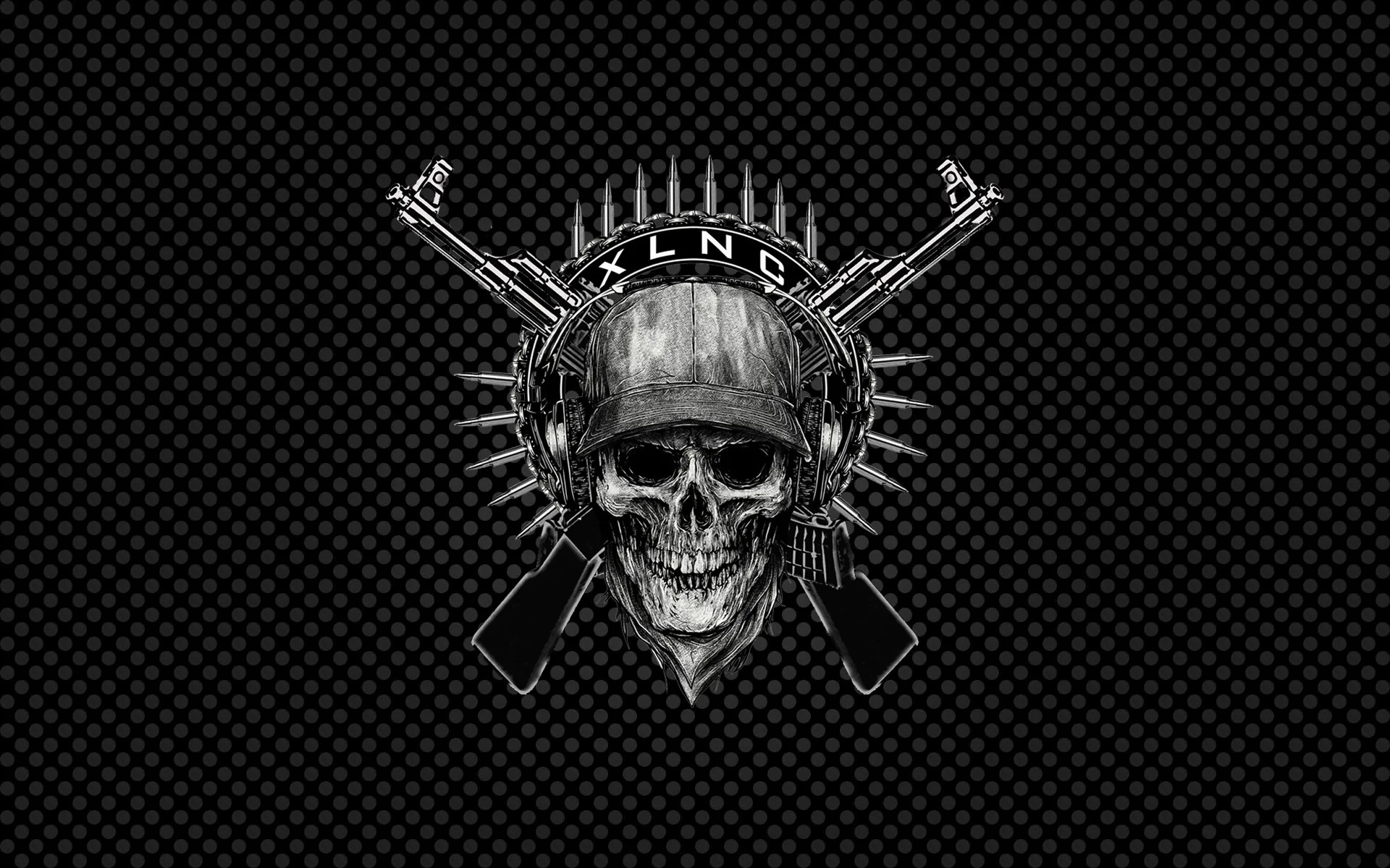 A helmeted skull badge with crossed rifles and a bandolier of bullets, set against a woven carbon fibre background.
