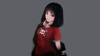 Anime Girl in a Red Skull T-Shirt HD Wallpaper