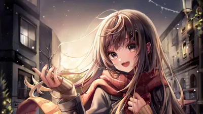 Anime Girl in a Red Scarf on a Winter Street HD Wallpaper