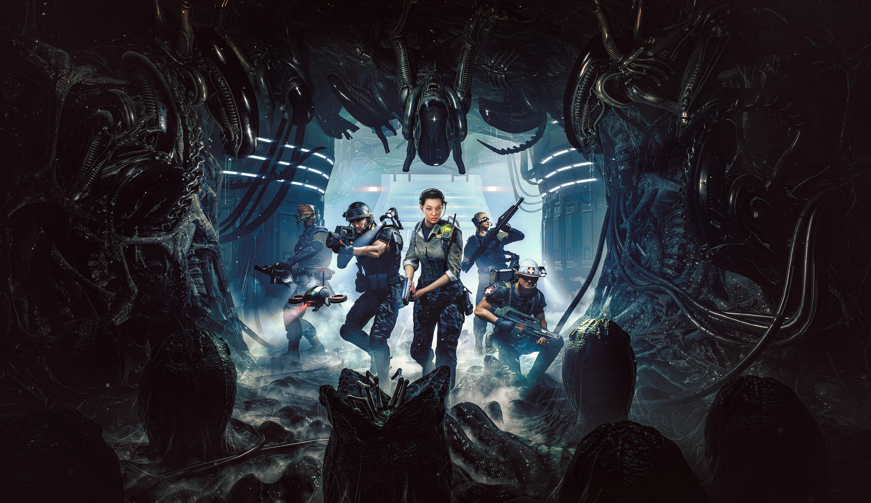 A squad of armed marines stands back to back in a corridor while xenomorphs crowd the walls and ceiling around them.