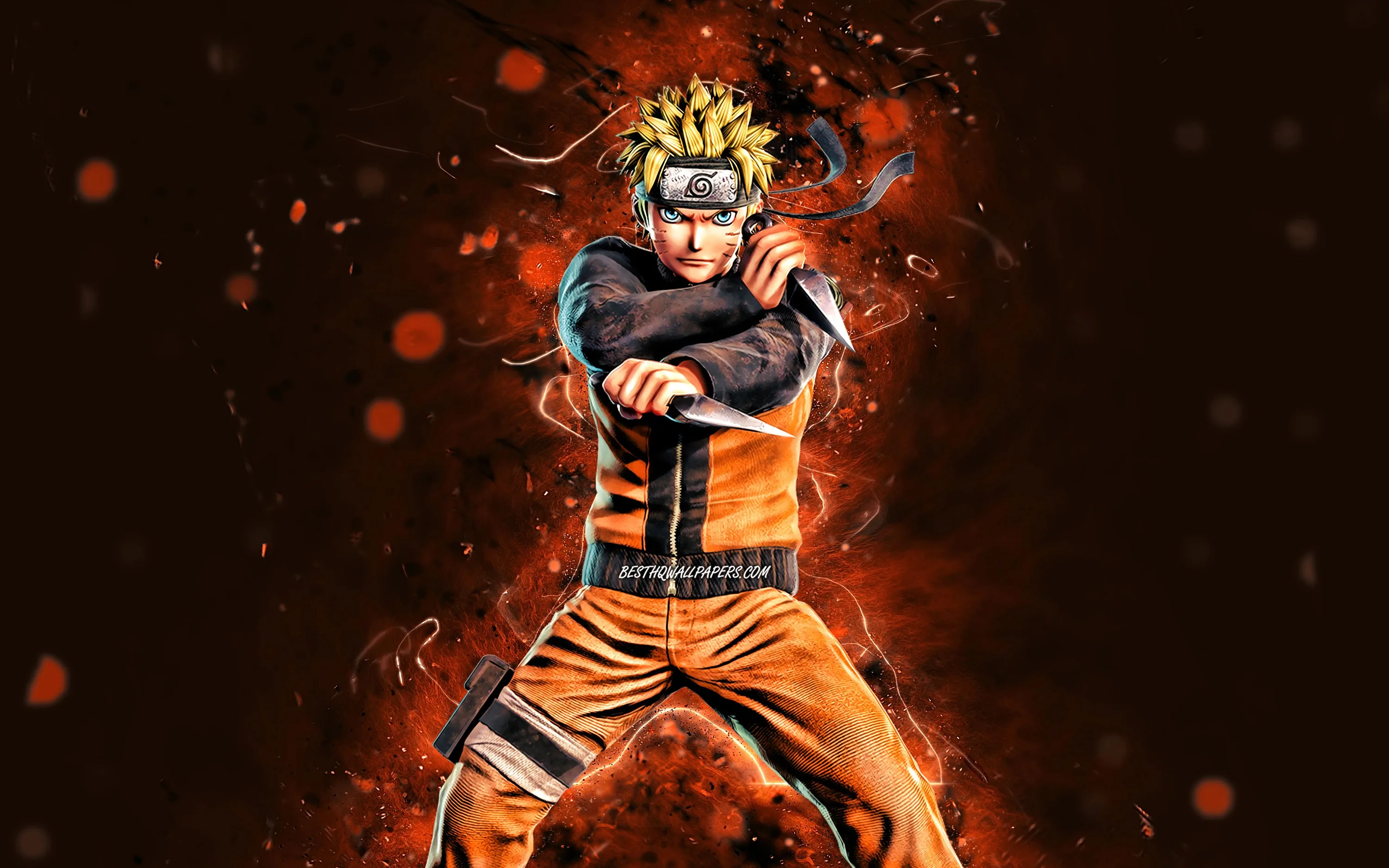Naruto grips a kunai across his chest while orange neon streaks and sparks scatter over the dark background, leaving the corners nearly black.