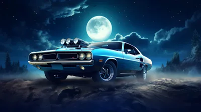 Muscle Car with a Blower Under a Full Moon HD Wallpaper