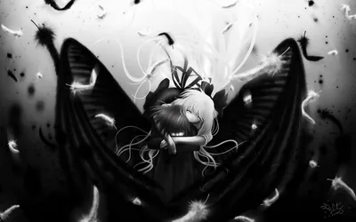 Falling Winged Anime Girl in Monochrome HD Wallpaper