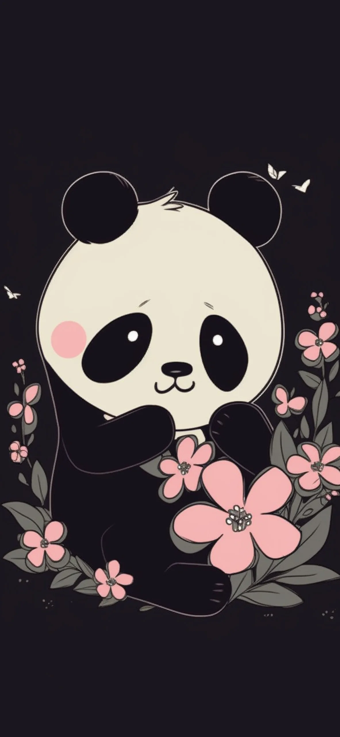 A drawn panda hugs pink blossoms at the bottom of a dark charcoal frame, leaving the upper third mostly empty apart from tiny white butterflies.