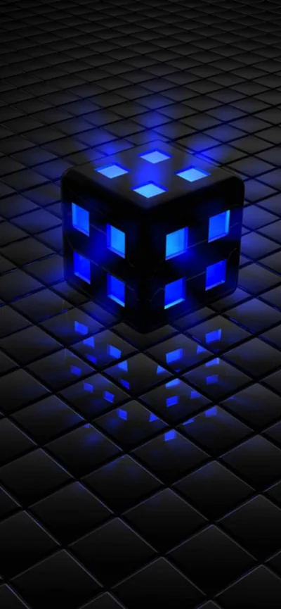 Glowing Blue Cube on a Tile Grid HD Phone Wallpaper